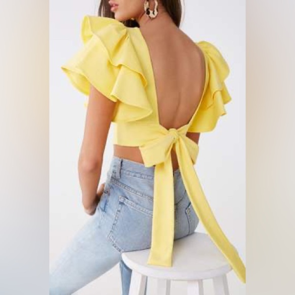 Forever 21 yellow Tiered sleeve tie back crop top